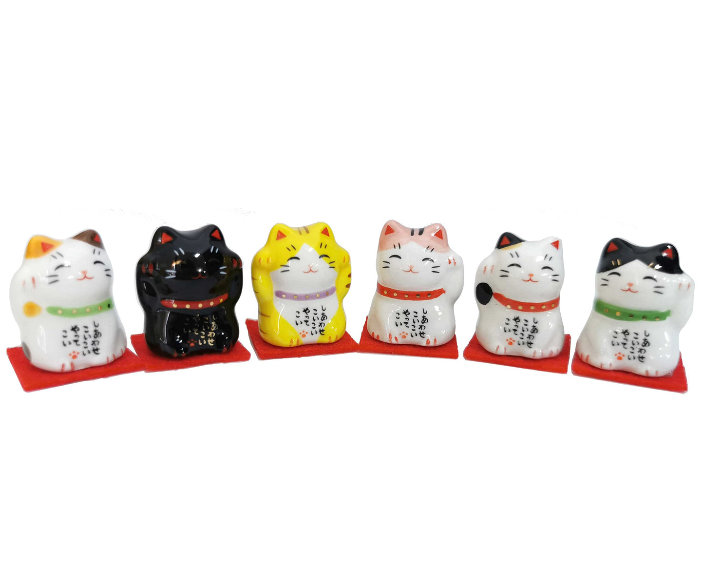 Yakushigama Mini Maneki Neko Set - 6 Antique Black Porcelain Cat Figurines