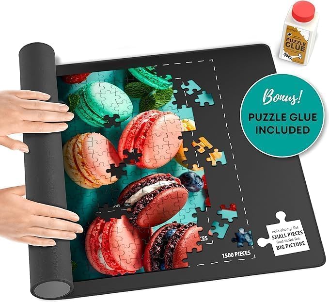 Rubber Puzzle Mat, Roll Up Puzzle Board For Jigsaw Puzzles - 1500 Pieces Protector, Saver, Organizer, Non-Slip Rubber Bottom, Foam Rolling Tube, Polyester Top W/Storage Bag + Bonus Puzzle Glue