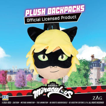 P.M.I. Miraculous Ladybug Plush Backpack | 12-Inch Cat Noir | Yellow | Playable Collectible Toy