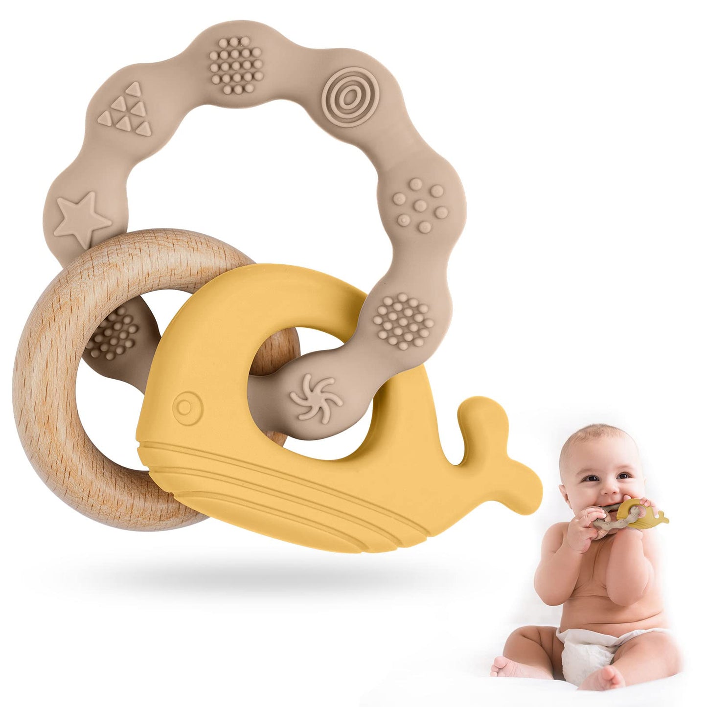 Vicloon Baby Teether Toys, Silicone & Natural Wood Teether Ring, Baby Teething Toys For Babies 0 Months+, Silicone Chewable Ring