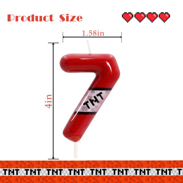TNT Themed Birthday Candles for Boys Girls, Craft Pixels Cake Topper, Kids Themed Birthday Party Supplies (Number 7-Red)