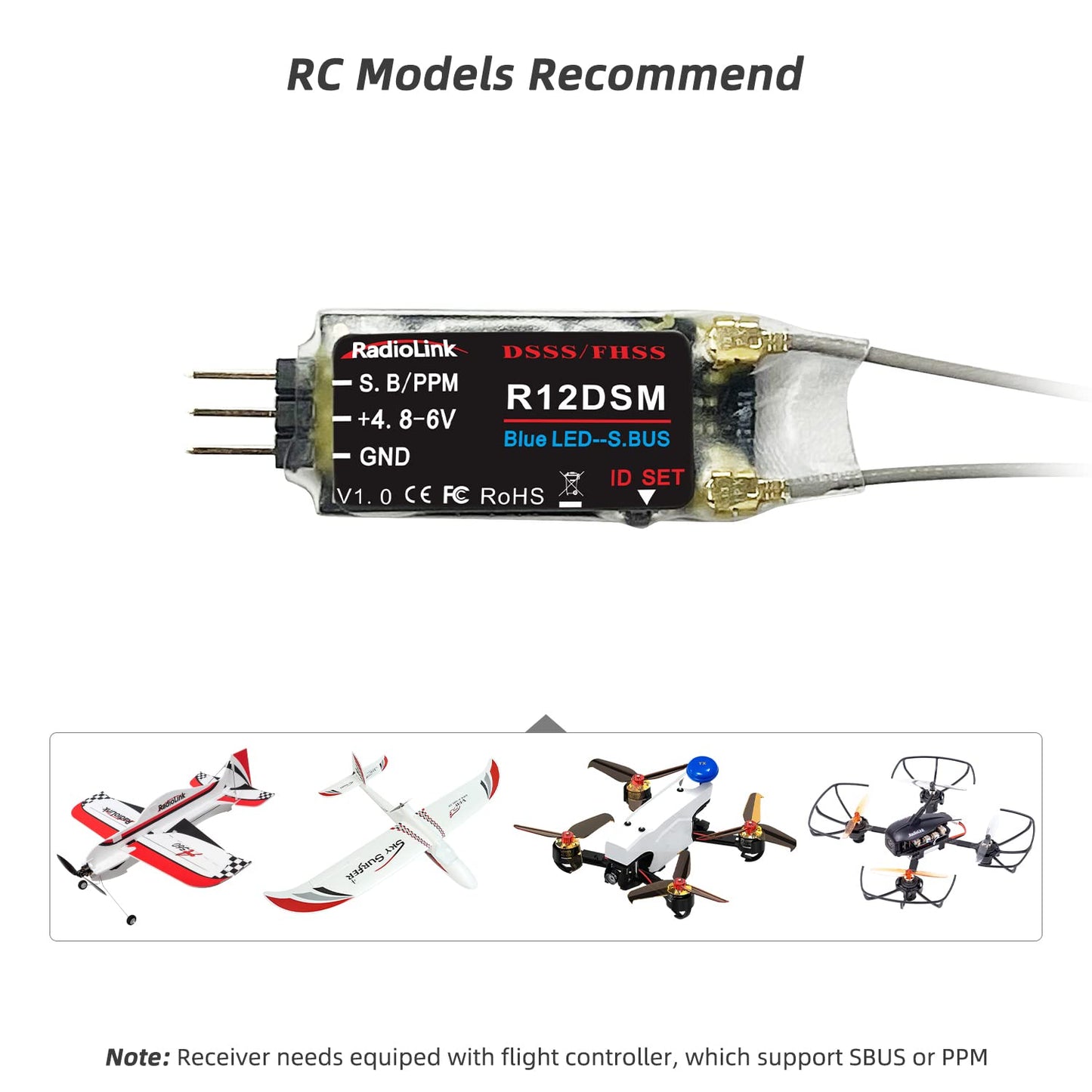 Radiolink R12DSM 2.4Ghz 12 Channels Micro RC Receiver SBUS/PPM Long Range Control for FPV Racing Drone, Quadcopter, Helicopter