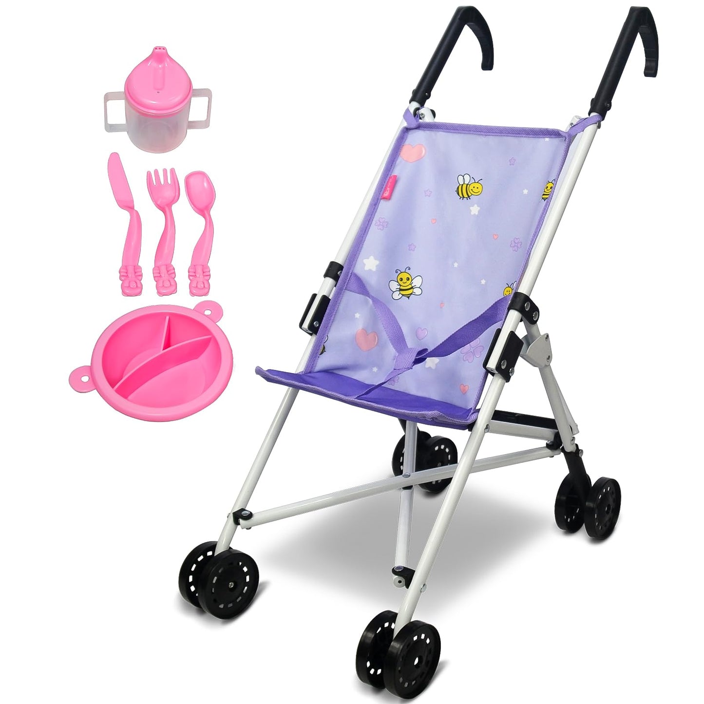 Anivia Doll Stroller Toy Realistic Doll Stroller Heart Design Gifts For Toddlers And Girls Foldable Baby Doll Stroller Toy(Withtoy Tableware)