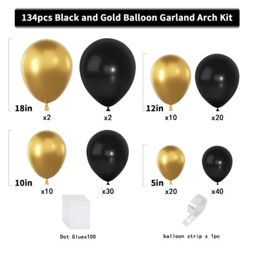 Black Gold Balloons Garland Arch Kit, 134Pcs Metallic Gold And Black Balloons With Different Size For Graduation, Birthday, Anni