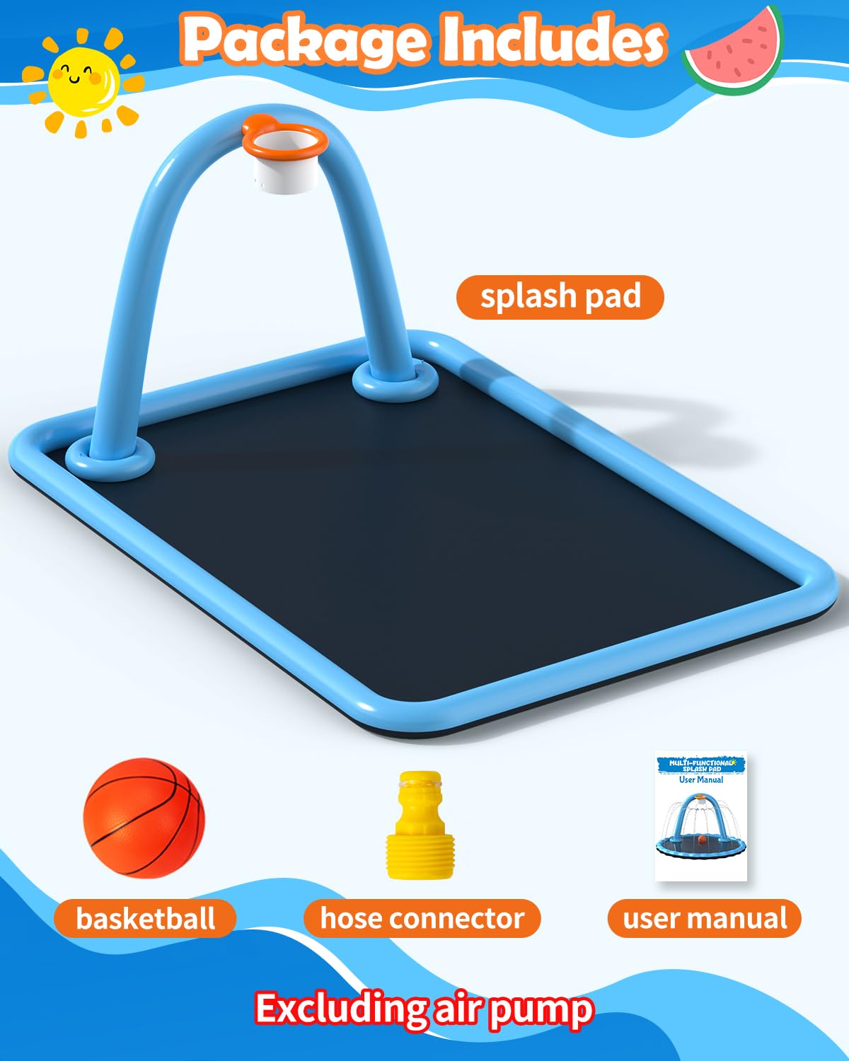 Octplay Splash Pad for Kids & Dogs, 102x87'' Large Sprinkler Pad Water Toys with Basketball Hoop, Thickened Non-Slip Splash Mat,