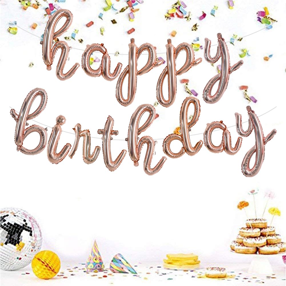 Toniful Rose Gold Happy Birthday Balloons Banner,Cursive Happy Birthday Balloons Rose Gold Birthday Decorations Rose Gold Mylar