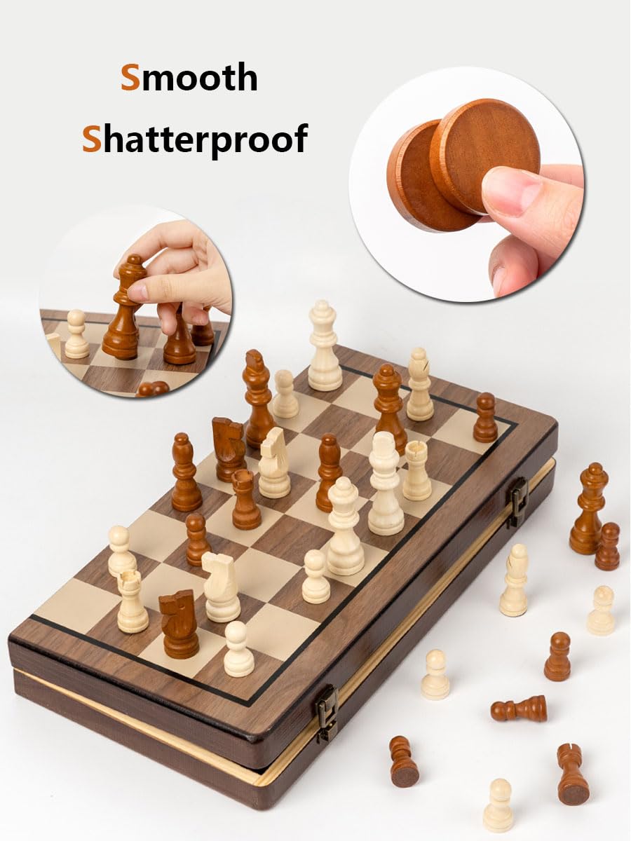 Chess Set 15'' Chess Board Wooden Magnetic Folding Chess Board Set For Adults & Kids Checkers Game For Kids Portable Travel Ches