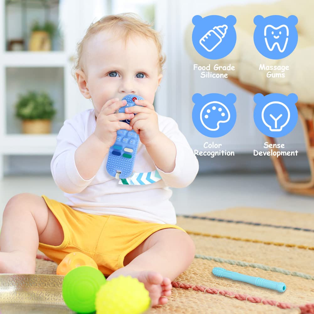 Baby Teether Toys Silicone, Remote Control Shape Teething Toys With Hollow Teether Tube And Pacifier Clip, Silicone Baby Teething Toys For 3 Months+, Bpa Free Baby Teething Toys (Blue)