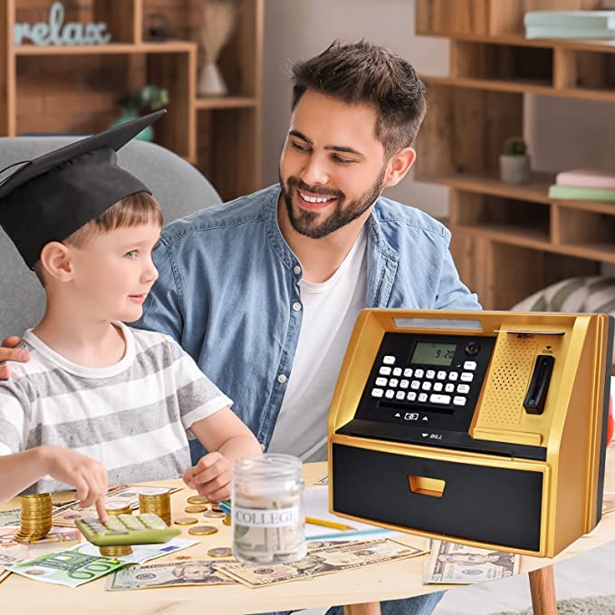 LIKE Talking ATM Savings Bank, Digital Piggy Bank, ATM Money Coins Machine for Kids Birthday Gift (Golden/Black)