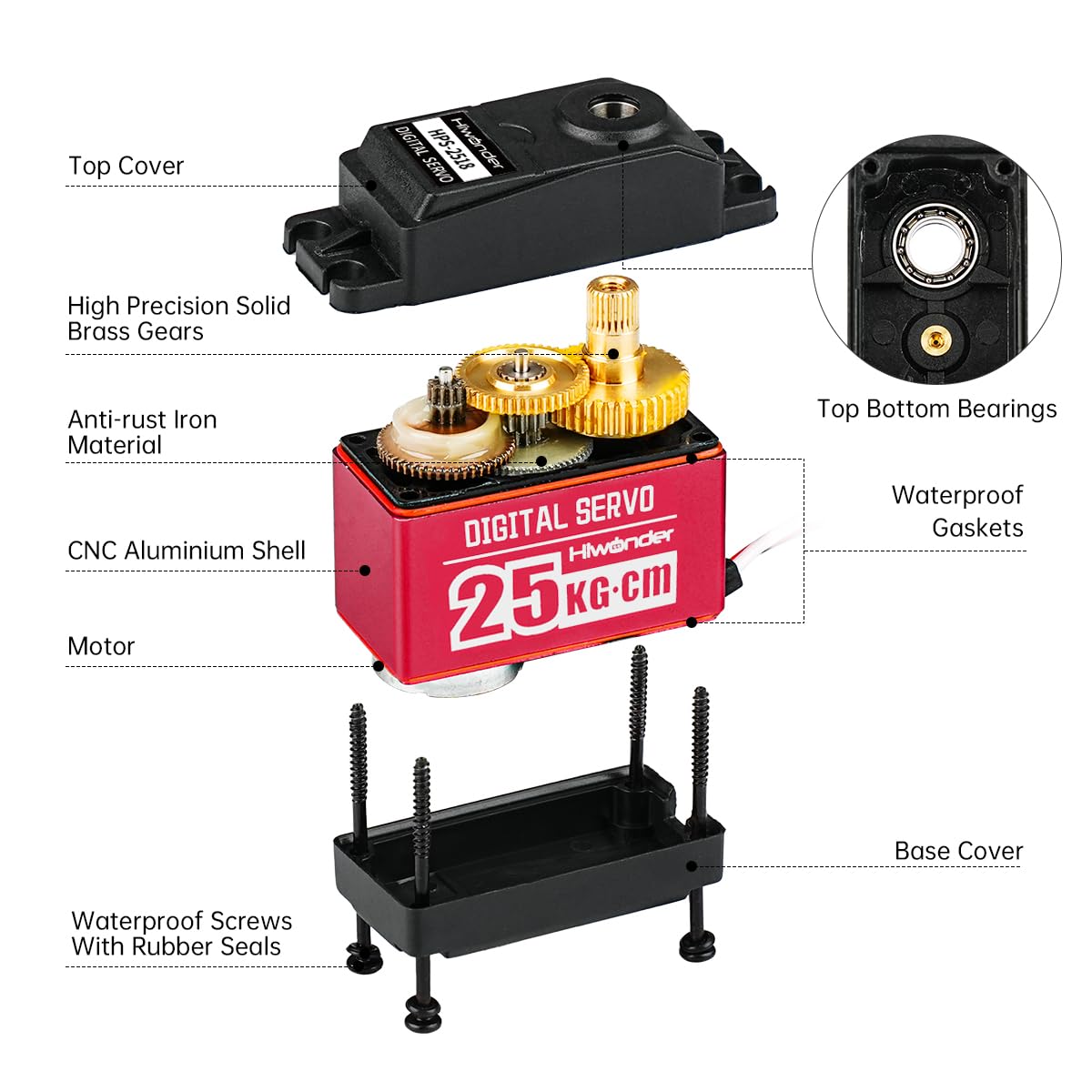 25Kg Servo High Torque Servo Motors, Waterproof Full Metal Gear Steering Servo For Robot Diy, Digital Servo With 25T Servo Horn,