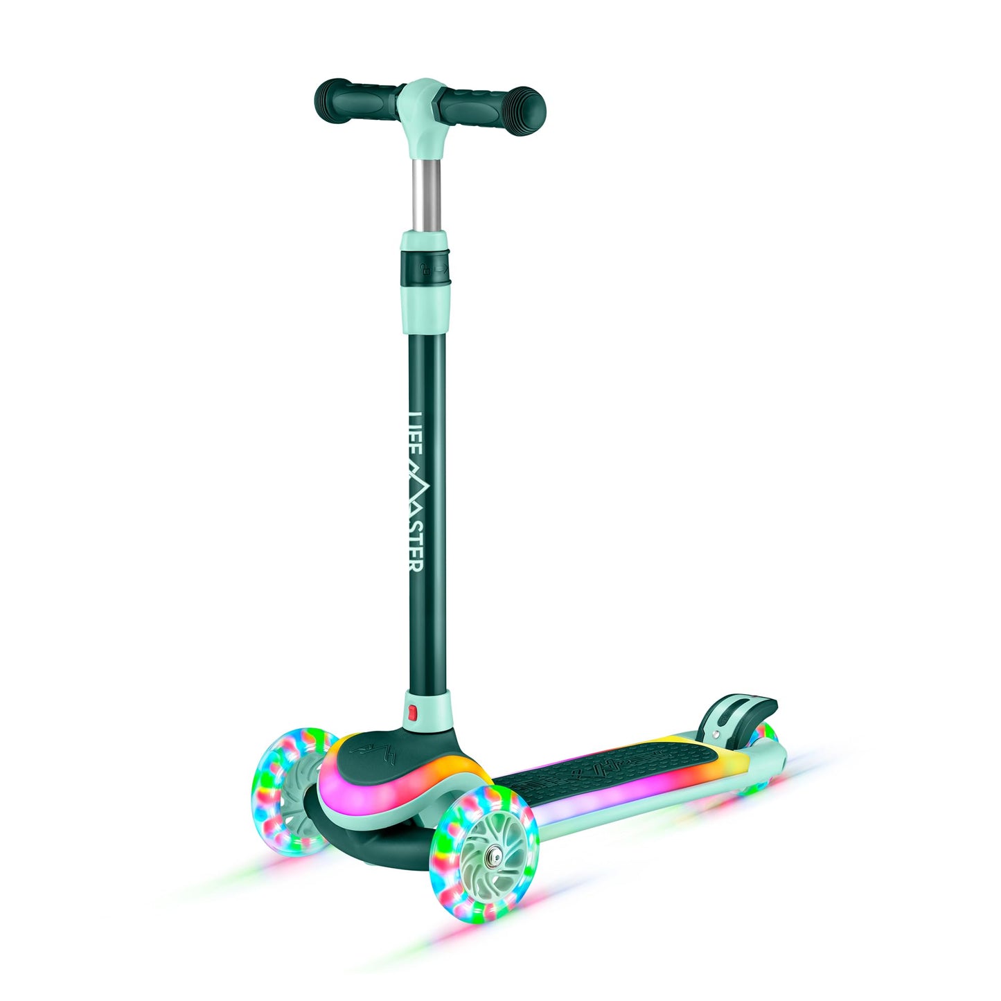 Lifemaster 3-Wheel Kids Scooter With Multi-Color Lights On Deck & Wheels - 5-Height Adjustable Handlebar, Wide Anti-Slip Deck, C