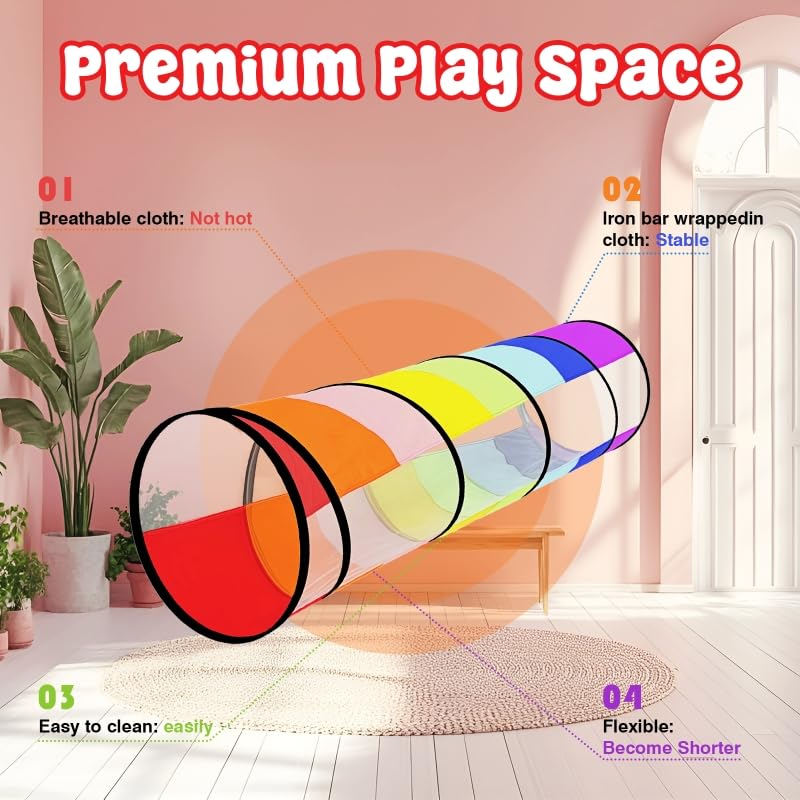 Kids Play Tunnel Pop Up Crawl Through Tunnel Play Tent for Baby Kids Children or Pet Foldable Pop Up Tents with Carry Bag (Colorful Play Tunnel with Mesh)