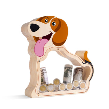 Beagle Wooden Piggy Bank For Boys, Girls, Unbreakable Wooden Money Box For Kids With Letter Stickers, Cute Wooden Cash Coin Bank
