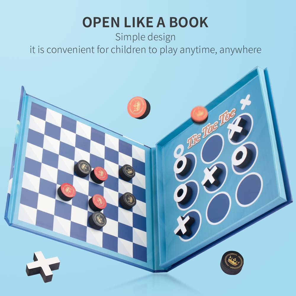 2 In 1 Checkers Sets Travel Toys Magnetic Travel Games Foam Checker Pieces Young Kids Family Board Game (Checkers&Tic-Tac-Toe)