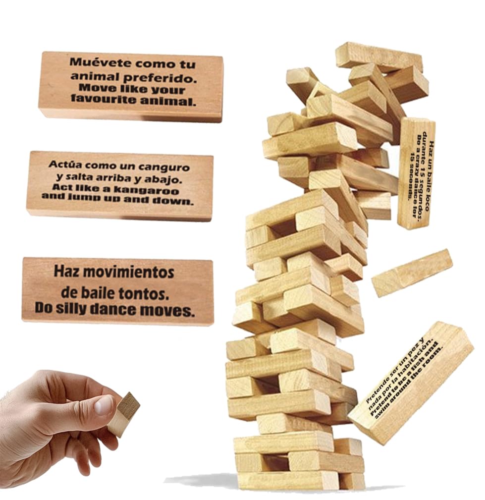 1Step2Dream Spanish Stacking Tower Game | Bilingual Block Game For Kids Adults | Perfect For Family, Classroom | 54 Hilarious Co