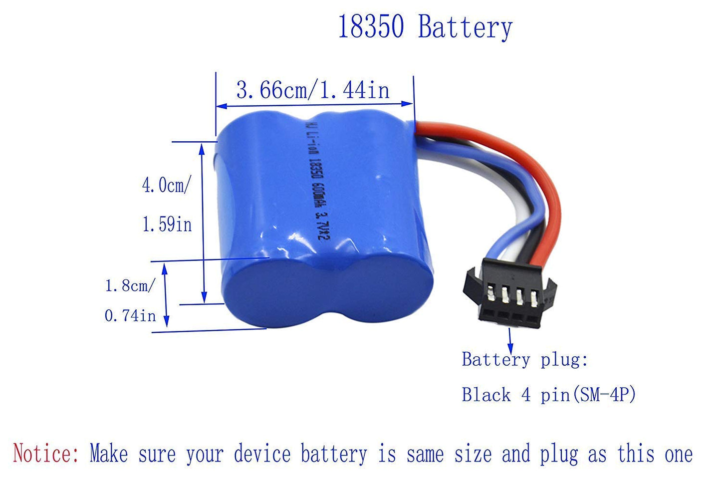 Blomiky 2 Pack 7.4V (2 x 3.7V) 600mAh Li-ion Battery with SM-4P Plug for Old Version UDI008 UD08 UDI001 Venom Speed RC Boat UDI0