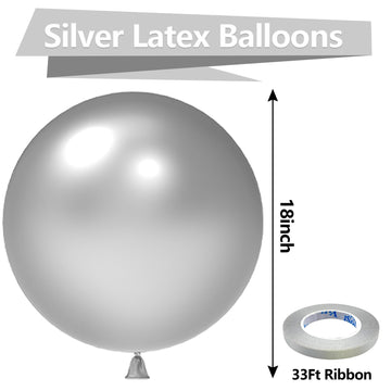 Bezente Metallic Silver Balloons 18 Inch - 30 Pack Large Thick Silver Balloons Big Round Chrome Silver Latex Balloons For Weddin