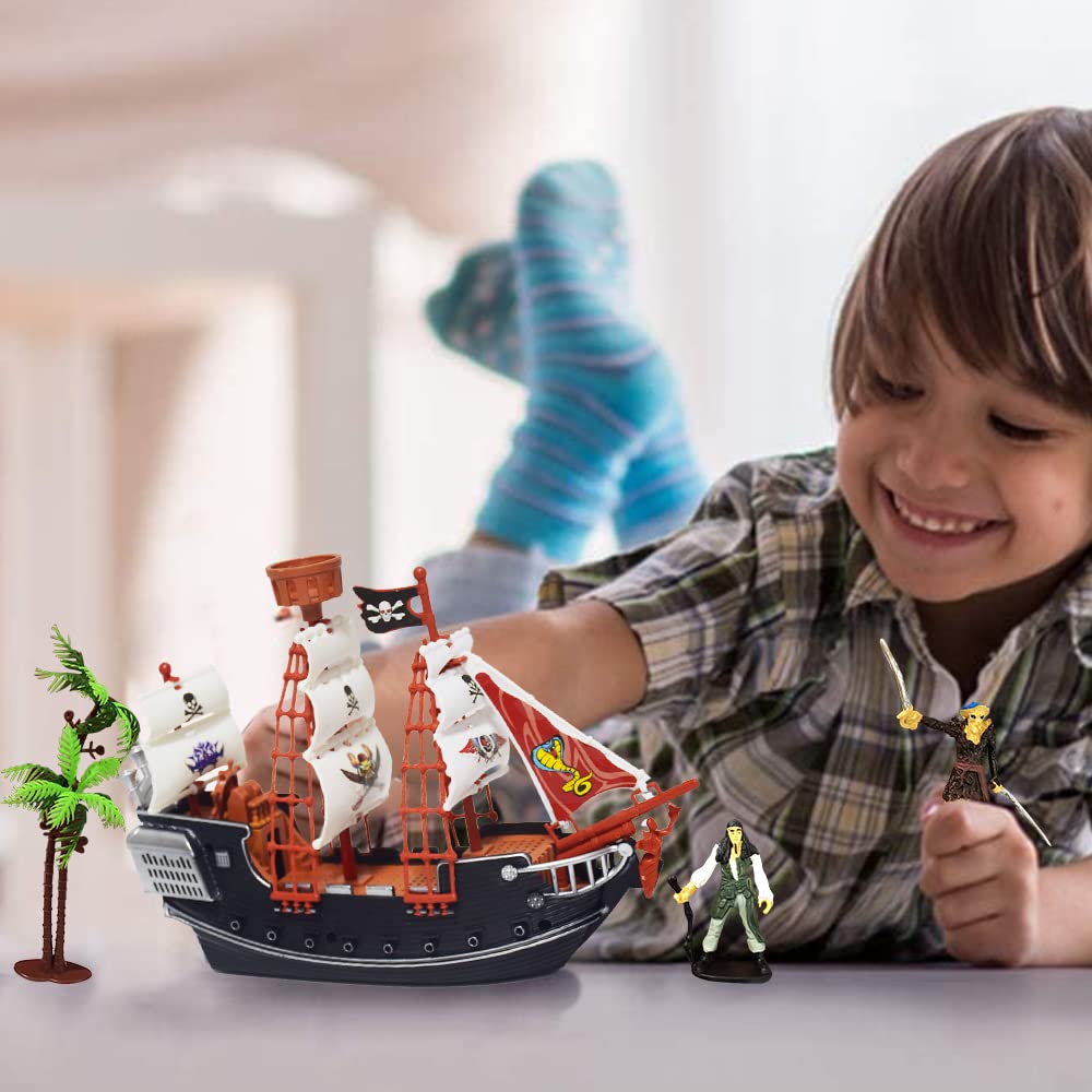 Artcreativity 10 Inch Pirate Boat, Detailed Pirate Ship Toy Playset With 2 Pirate Action Figures & Tree, Fun Pirate Party Favor And Prize, Best Gift For Boys & Girls Ages 3+