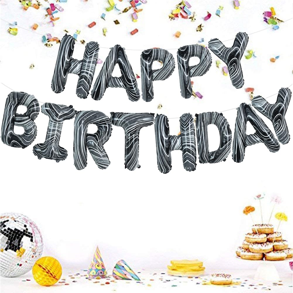 Toniful Black Marble Happy Birthday Balloons Banner,16 Inch Mylar Foil Letters Birthday Sign Bunting For Girls Boys Kids & Adult