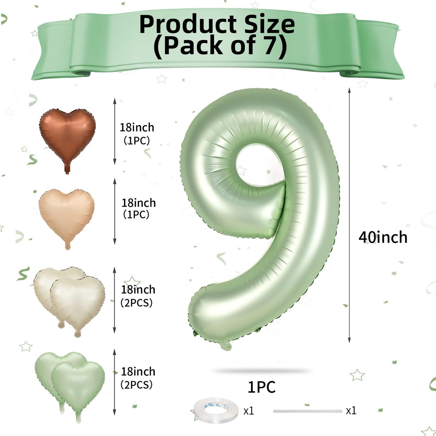Biapian 40 Inch Sage Green Number 9 Balloons, Gaint Number 9 Balloon With 18'' Retro Foil Heart Balloons Helium For Neutral Boys