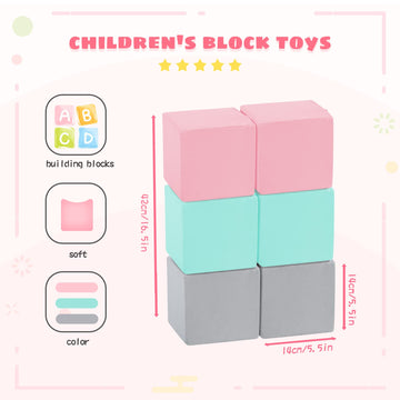 TRENDBOX 6 Pcs Toddler Foam Blocks 5.5inch Soft Foam Cubes with Detachable Washable Cover Soft Play Blocks for Toddlers and Kids (Light Gray & Pink Blue)