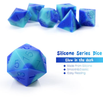 Silicone Glow in The Dark DND Dice, DNDND 7PCS Silicone Rubber D&D Dice Set with Clear Plastic Display Case for DND Role Playing