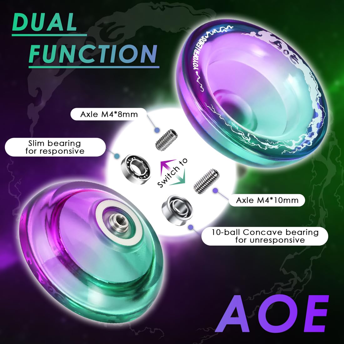 7Yo Responsive Yoyo Aoe, Dual Purpose Yoyo For Beginners Kids, Professional Crystal Yoyo Wide Plastic Yoyo With Kk Bearing + Axl
