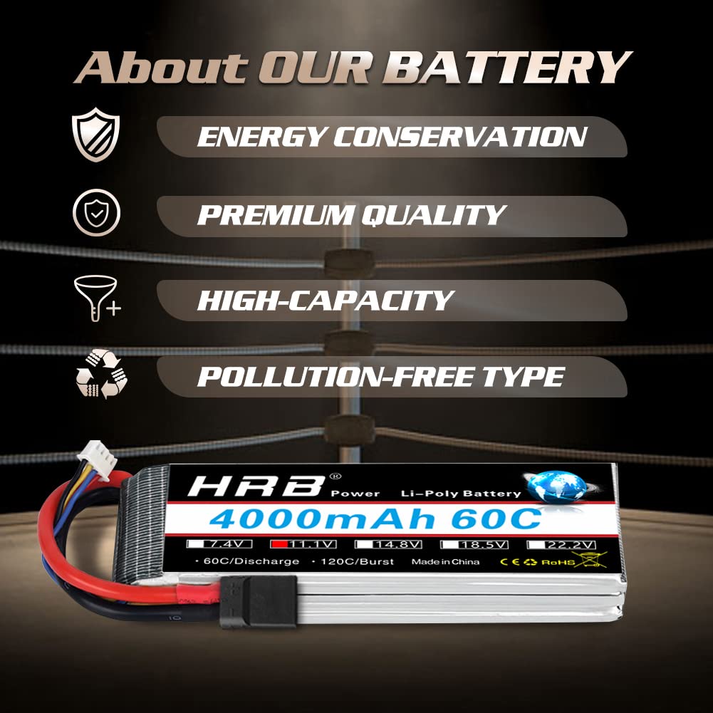 HRB 2PCS 3S Lipo Battery 4000mAh 11.1V 60C RC Lipo Batteries for RC Airplane, RC Helicopter, RC Car, RC Truck, RC Boat