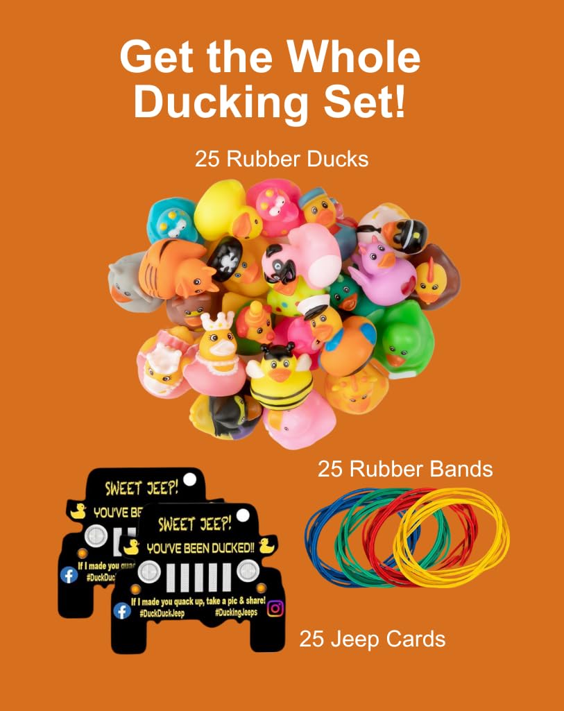 Jeep Ducks For Ducking Refill Kit- 75 Piece Kit Including 25 Rubber Ducks, 25 Jeep Ducking Cards & 25 Rubber Bands Plus Official Duck Duck Jeep Mobile App - Happy Duckers