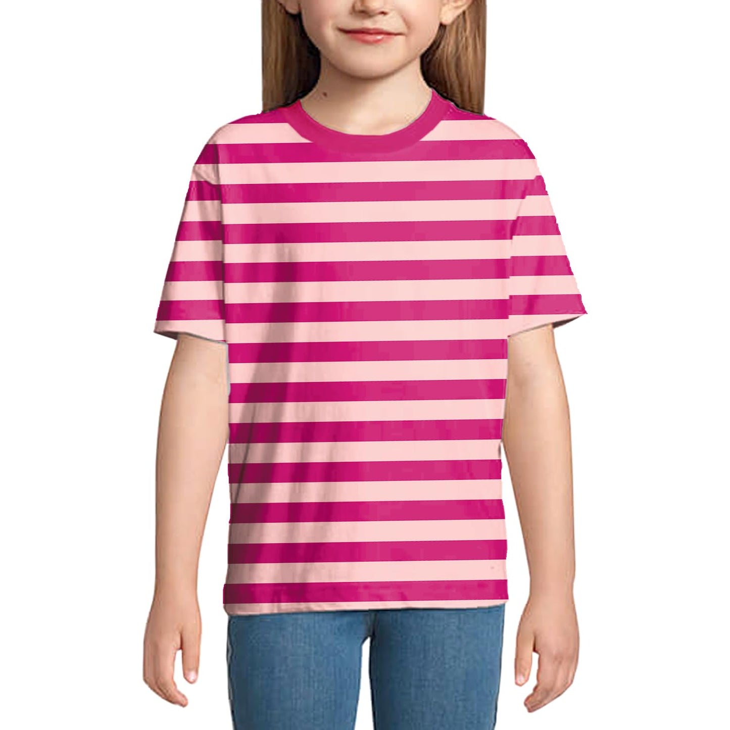 Halloween Kids Cheshire Cat Costume Pink Striped Shirt Girls Casual Summer Top 9-10 Years