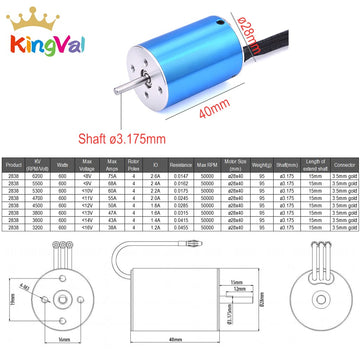 KingVal Replacement 2838 3600KV Brushless Sensorless Motor Shaft 3.175mm Compatible with 1/14 1/16 RC Car