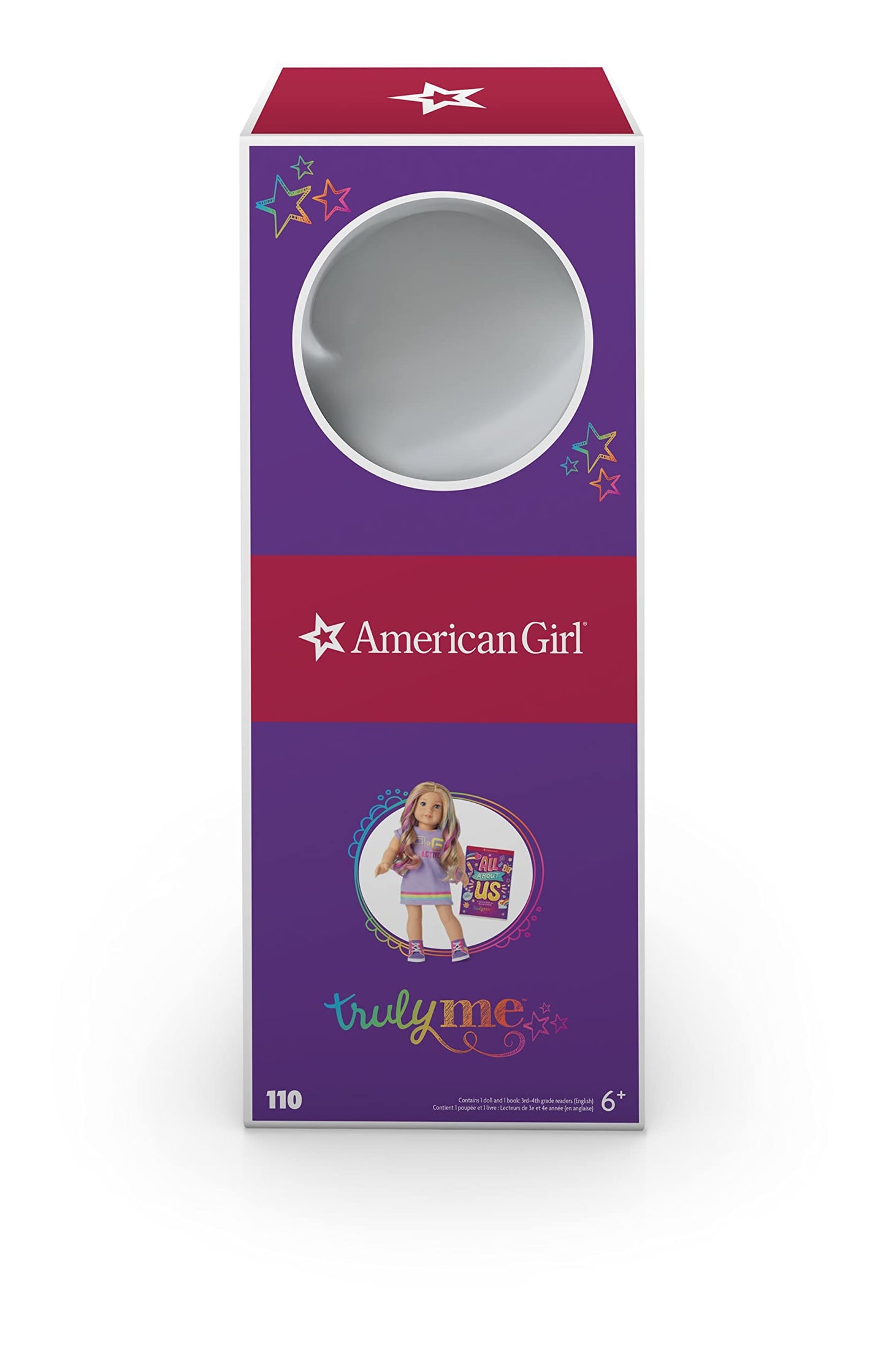 American Girl Truly Me 18-Inch Doll 110 With Light-Blue Eyes, Wavy Blonde Hair With Purple And Blue Highlights, Light Skin With Warm Olive Undertones, Purple Printed T-Shirt Dress