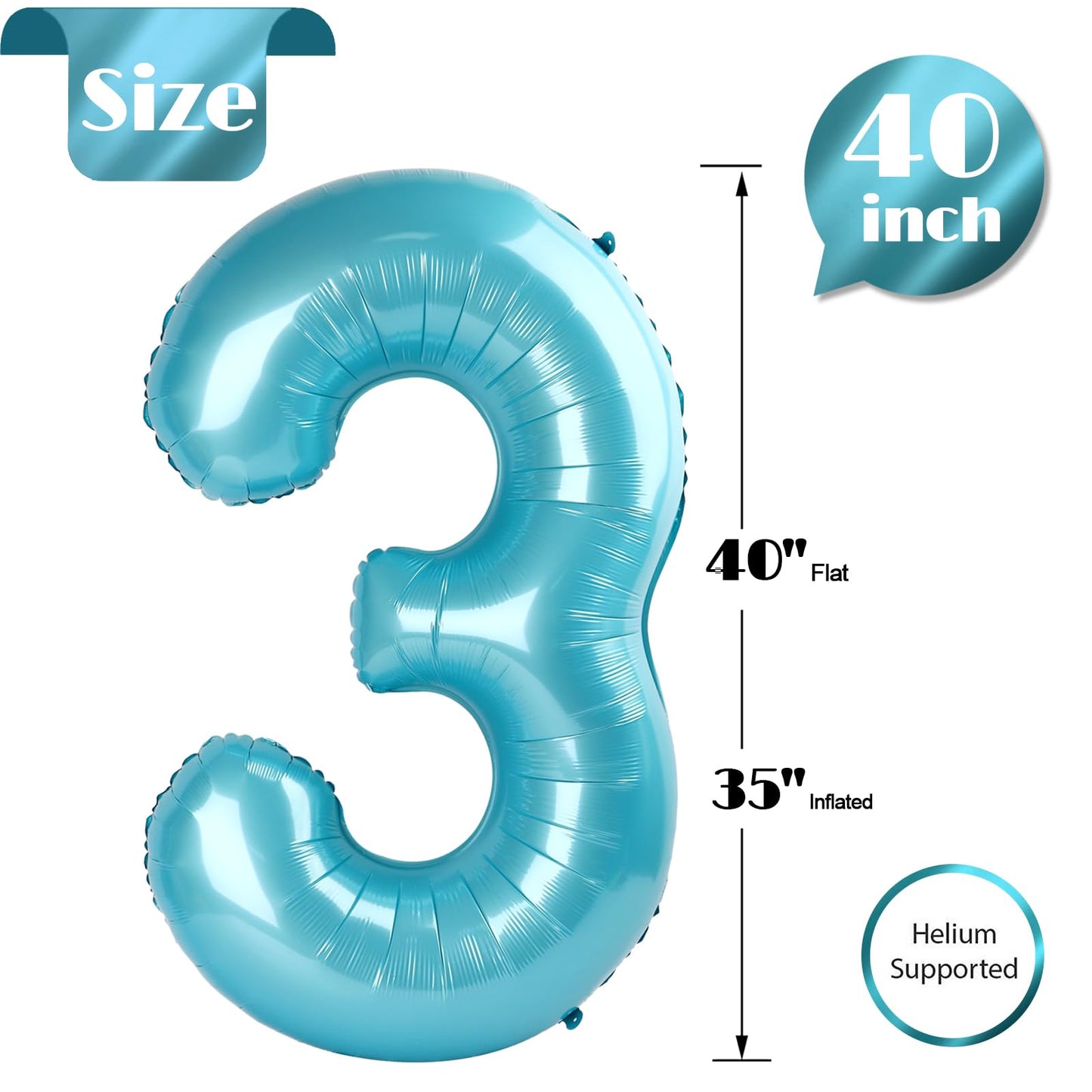 Pearlescent Blue 3 Balloon, Number Balloons 40 Inch, 3Rd Birthday Decorations For Kids Girls Boys, Men Women Party Supplies For