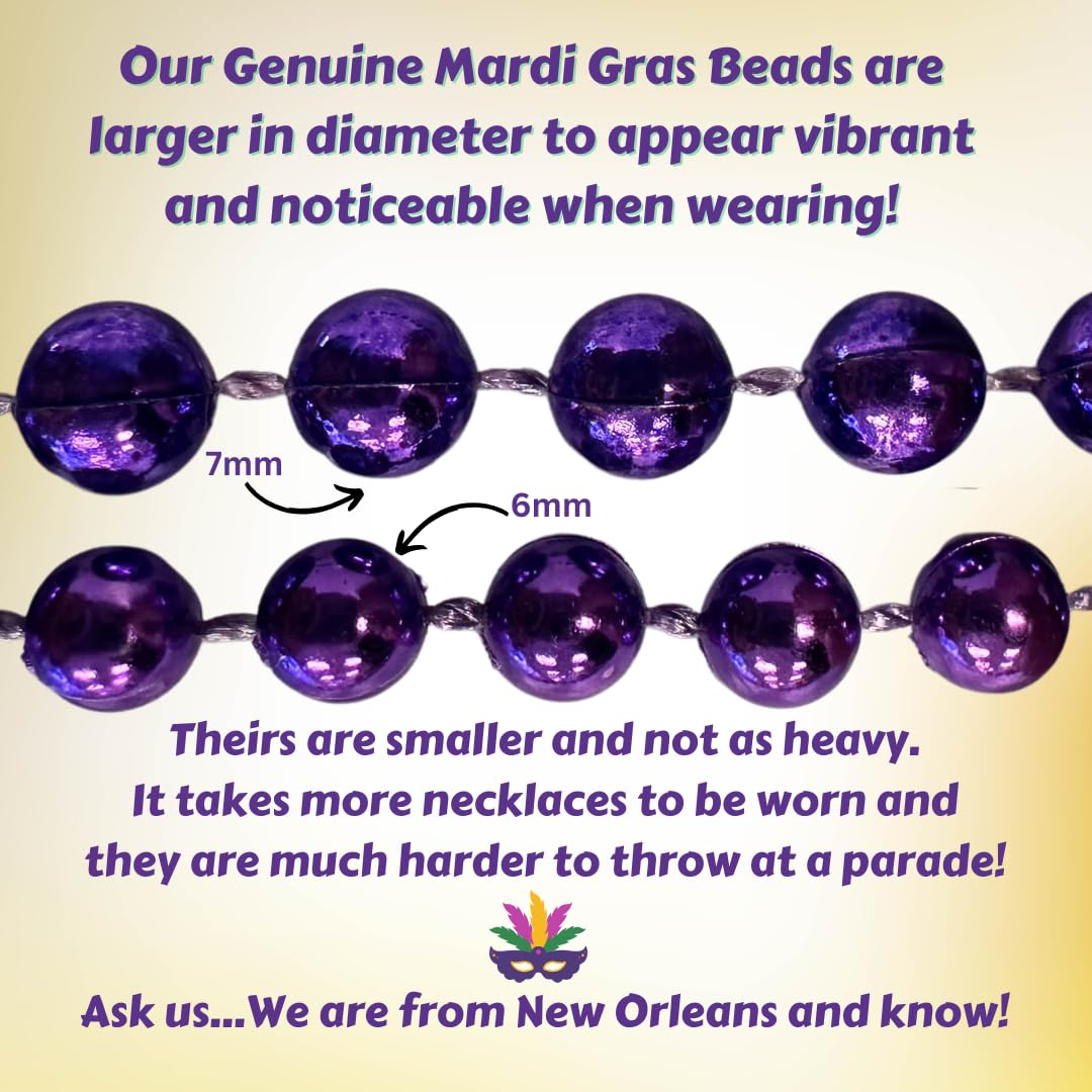 Mardi Gras Beads 33 inch 7mm, 12 Dozen, 144 Pieces, Purple Green and Gold Necklaces with Doubloon