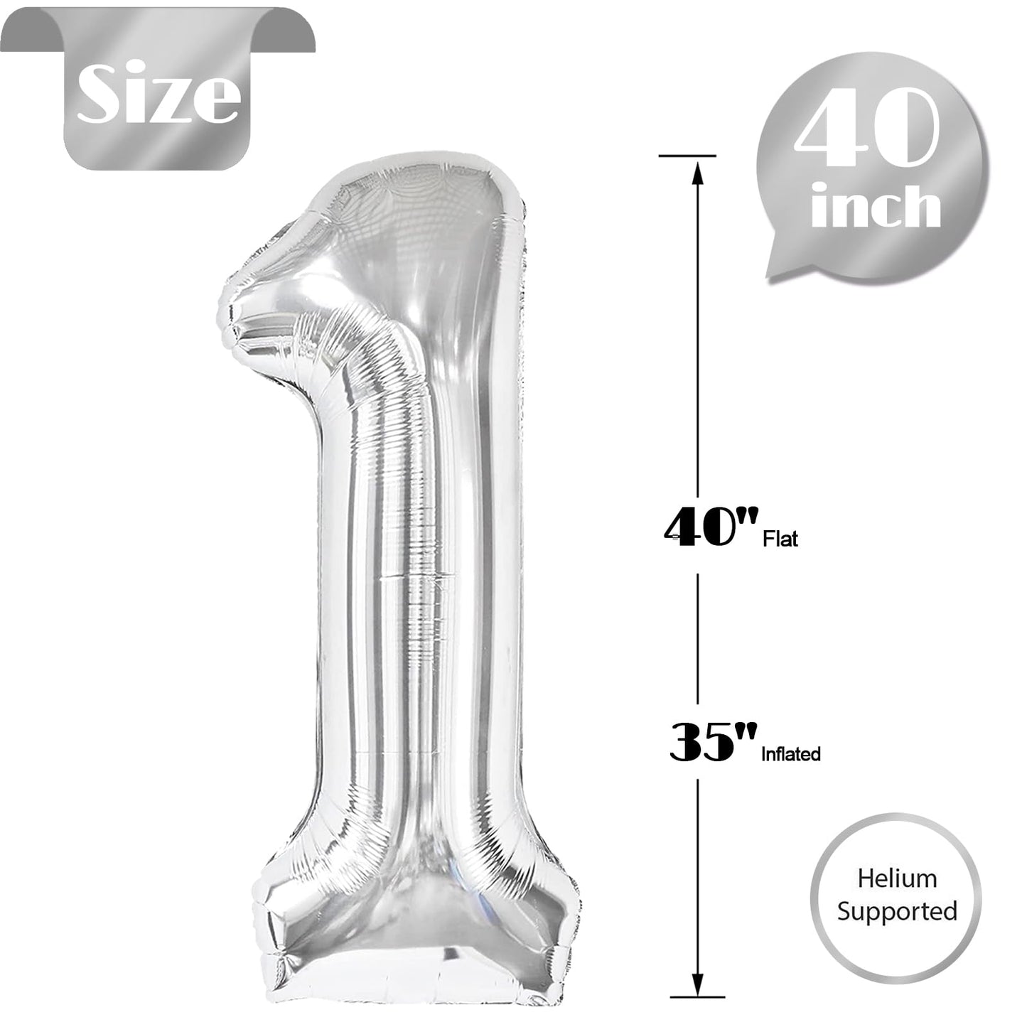 IWERP 40 Inch Silver Number 1 Balloon - Foil Mylar First Birthday Decoration for Kids, Giant 1 Balloon