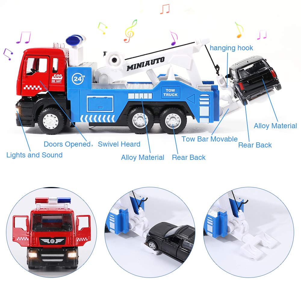 Winrayk 4Pcs Tow Truck Toys With Mini Toy Cars Set Pull Back Cars With Lights And Sound Trailer Transporter Vehicles Truck Toy,