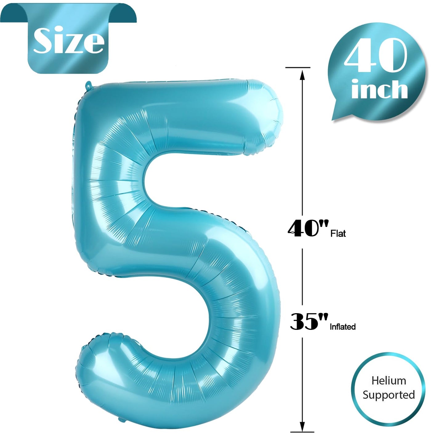 Pearlescent Blue 5 Balloon, Number Balloons 40 Inch, 5Th Birthday Balloon Decorations, Pearlescent Blue Party Supplies, 5 Number