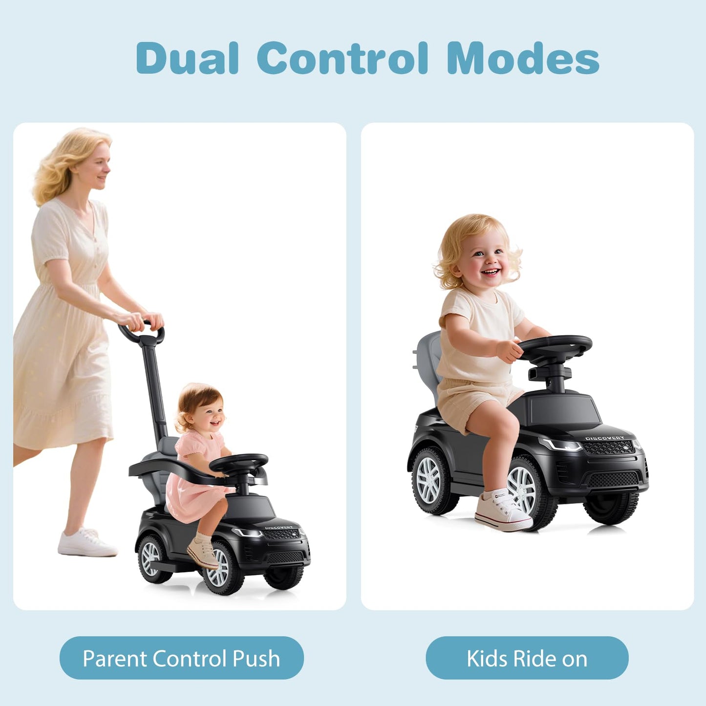 OLAKIDS Push Car for Toddlers 3 in 1 Licensed Landrover Baby Ride on Toy with Parent Control Handle Safe Guardrails Kids Sliding Walker with Under Seat Storage Horn for Boys Girls (Black)