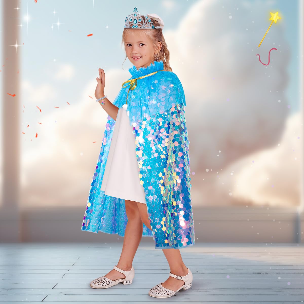 Meland Princess Dress Up for Girls 3-8 11Pcs Mermaid Cape with Crown Dress Up Clothes Birthday Gift Toys for Girls Toddlers