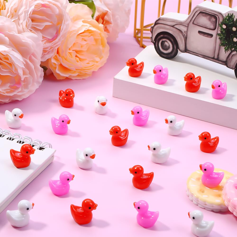DULEFUN 150pcs Valentines Mini Resin Ducks, Valentine's Day Small Little Resin Ducks Bulk to Hide Tiny Miniature Ducks Figures f