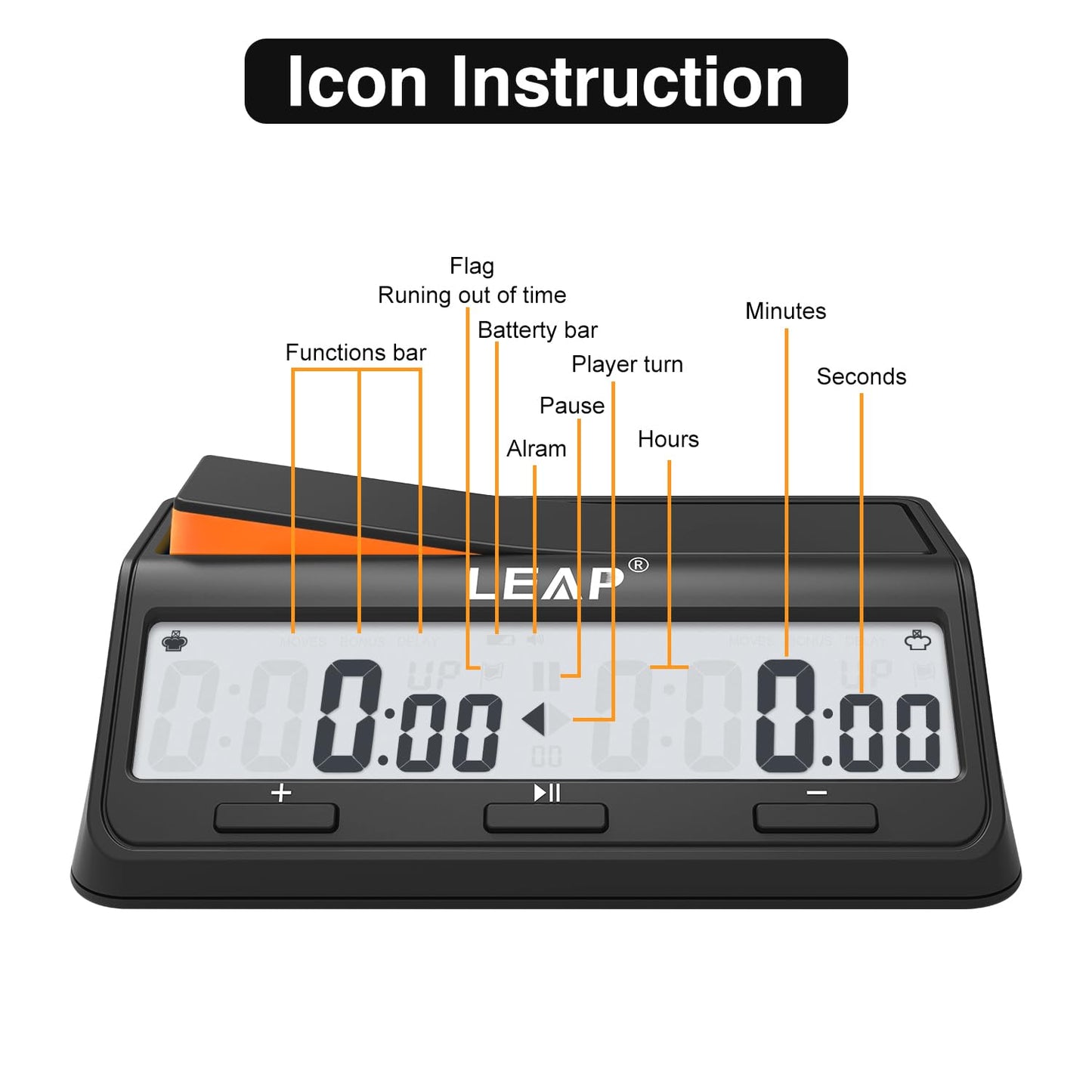 LEAP Digital Chess Clock Timer - Advanced Board Game Timer with Bonus & Delay Countdown Alarm, Black/Orange