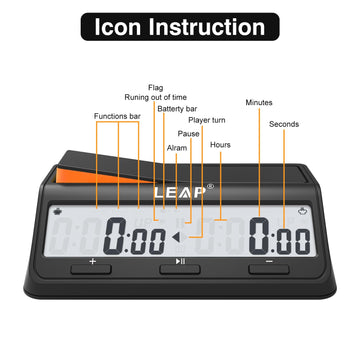 LEAP Digital Chess Clock Timer - Advanced Board Game Timer with Bonus & Delay Countdown Alarm, Black/Orange