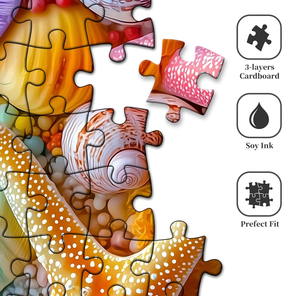 1000 Piece Jigsaw Puzzle for mature-themeds - Colorful Seashells and Starfish Ocean Beach Theme Vibrant Marine Life Art Puzzles Challenging Brain Game enhanced Eco-Friendly Gift