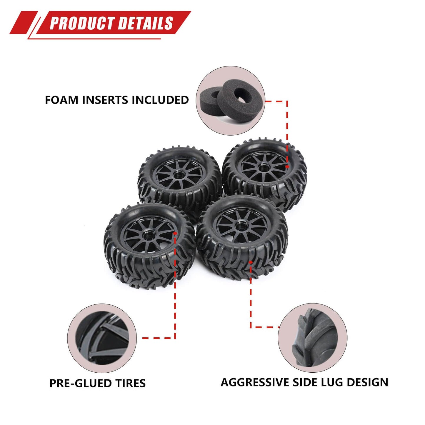 RCAWD Pre-Glued 12mm Hex Adapter Wheel and Tire Set Rubber Nylon Upgrades Parts for 1/16 1/18 Monster Truck with Foam Inserts fo