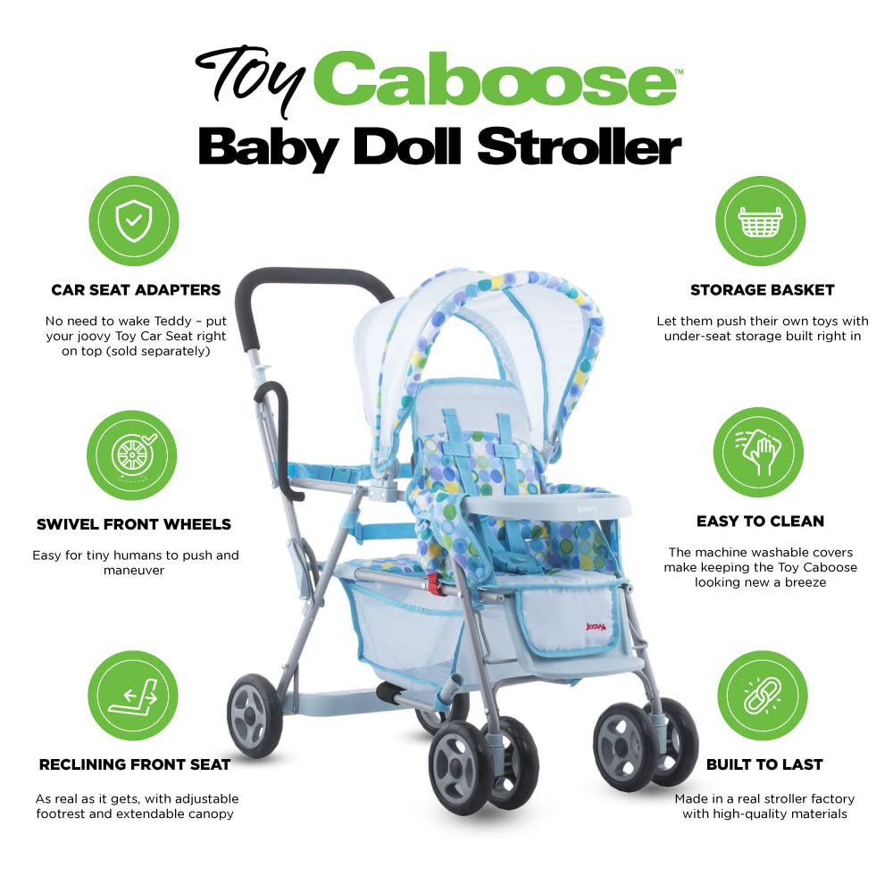 Joovy Toy Caboose Baby Doll Stroller Featuring Reclining Front Seat, Adjustable Footrest, Storage Basket, Extendable Canopy, And Snack Tray - Holds 3 Dolls (Blue Dot)