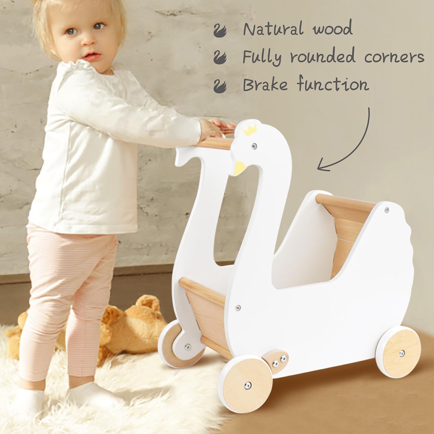 Pillowhale Wooden Doll Stroller, Baby Pram Toy, Wooden Swan Baby Walker for Toddler Boys & Girls 18 Months and Up