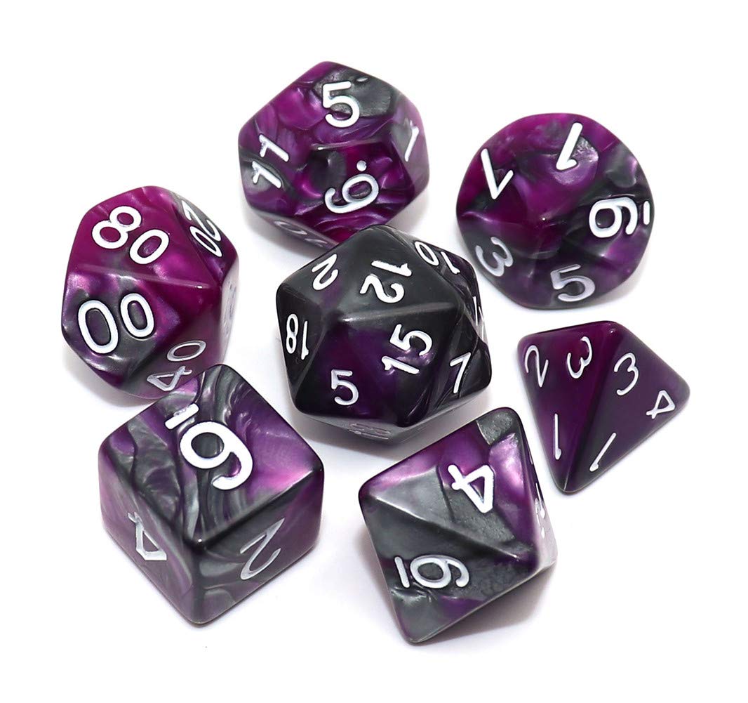 CREEBUY RPG Polyhedral Dice 7Pcs D&D Dice Set for Dungeon and Dragons MTG Table Games Role Playing Dice Set (Purple Mixed Silver