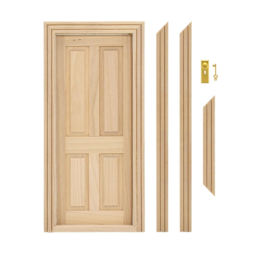 iLAND Wooden Dollhouse Door w/Trims & Doorknob & Key, Dollhouse Buding Materials, Minaiture Dollhouse Accessories (Classic 4-Pan
