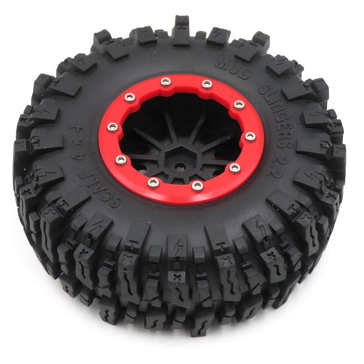 hobbysoul 2pcs RC Rock Crawler 2.2 Mud Slingers Tires OD 124mm & 2.2 Beadlock wheel rim Hex 12mm for RC Crawlers Truck