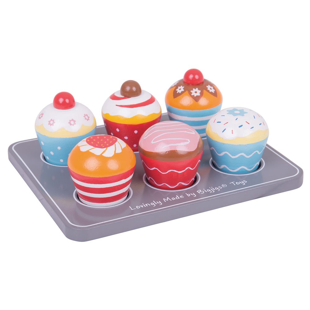 Bigjigs Toys Wooden Cupcakes Muffin Tray - Colorful Pretend Play Food for Creative Kids